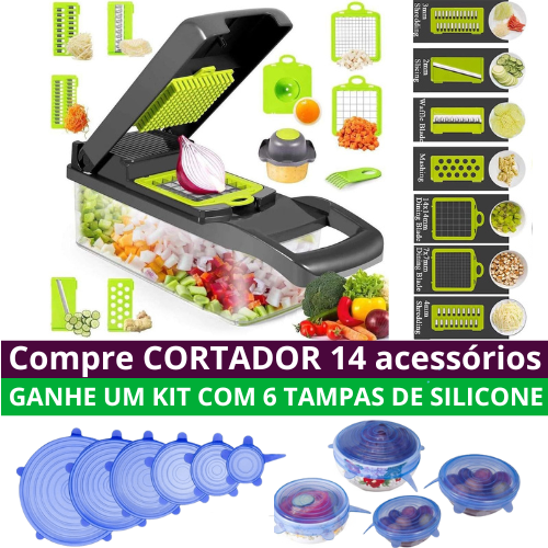 Cortador e Fatiador Premium 14 acessórios + Brinde 6 Tampas de Silicone