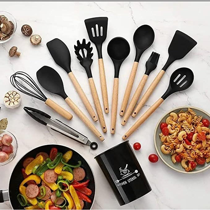 Kit C/12 Utensílios de Silicone + Copo Suporte + Brinde Multiprocessador