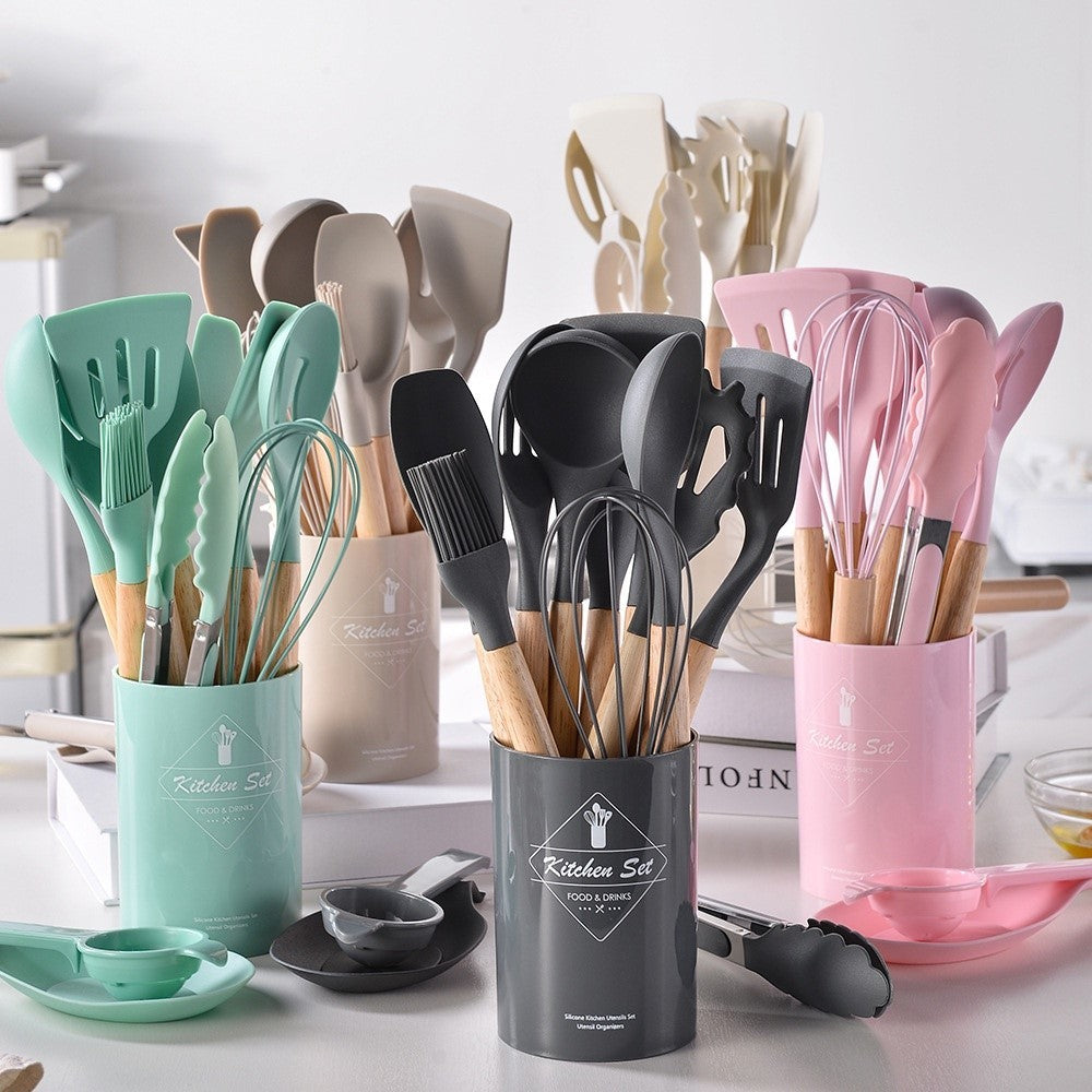 Kit C/12 Utensílios de Silicone + Copo Suporte + Brinde Multiprocessador
