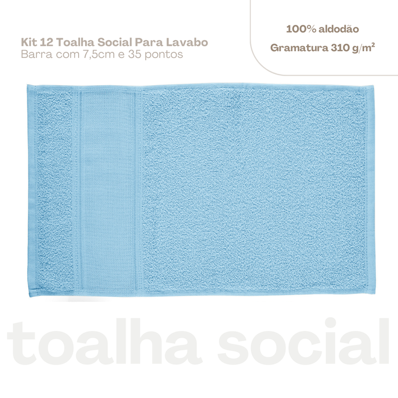 Kit 12 toalhas de lavabo social Azul Clarinho gramatura 310 g/m²