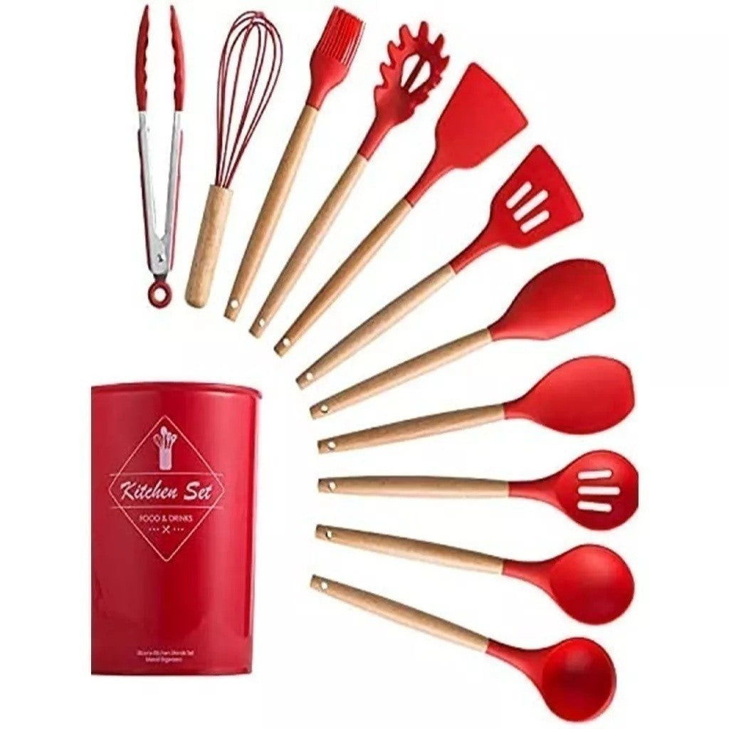 Kit C/12 Utensílios de Silicone + Copo Suporte + Brinde Multiprocessador