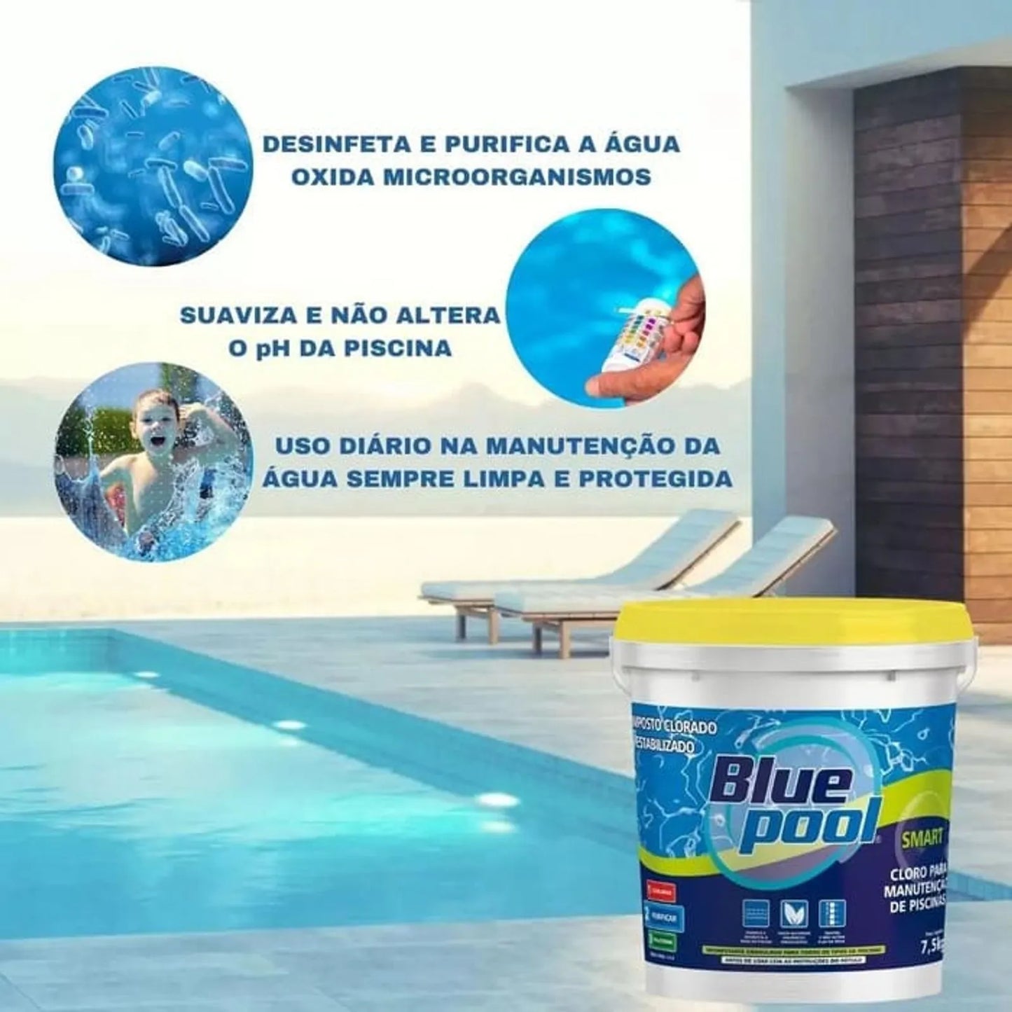Cloro Granulado Estabilizado Balde 7,5kg Multiação 3x1 Smart BluePool + BRINDE