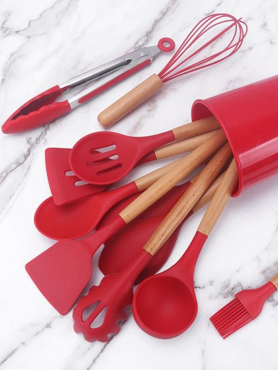 Kit C/12 Utensílios de Silicone + Copo Suporte + Brinde Multiprocessador