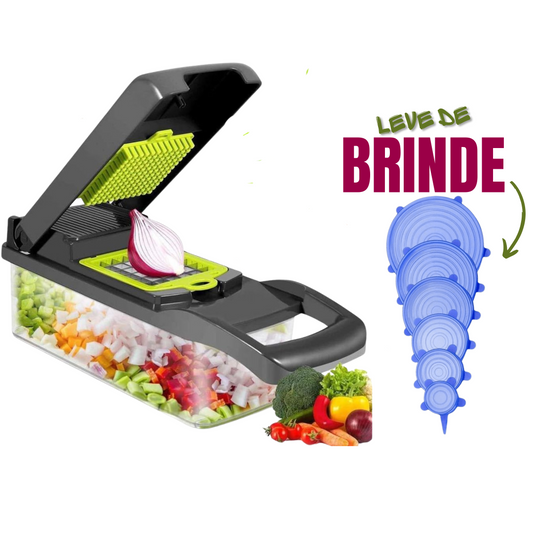 Cortador e Fatiador Premium 14 acessórios + Brinde 6 Tampas de Silicone