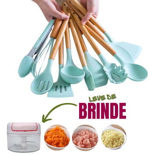 Kit C/12 Utensílios de Silicone + Copo Suporte + Brinde Multiprocessador
