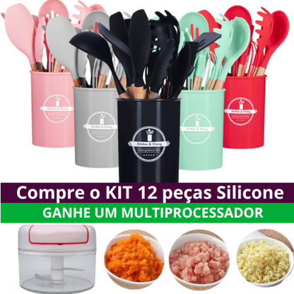 Kit C/12 Utensílios de Silicone + Copo Suporte + Brinde Multiprocessador