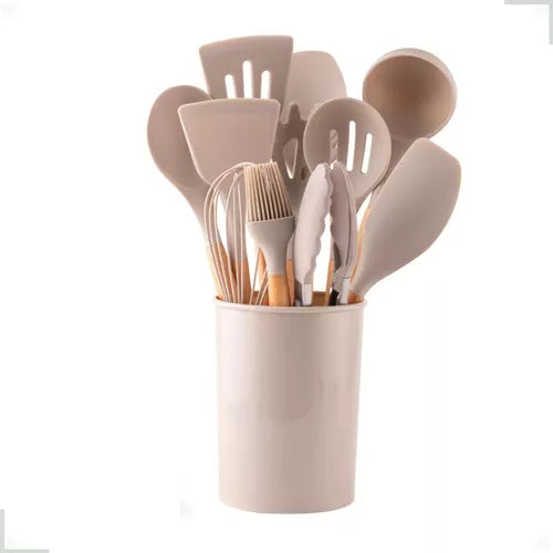 Kit C/12 Utensílios de Silicone + Copo Suporte + Brinde Multiprocessador