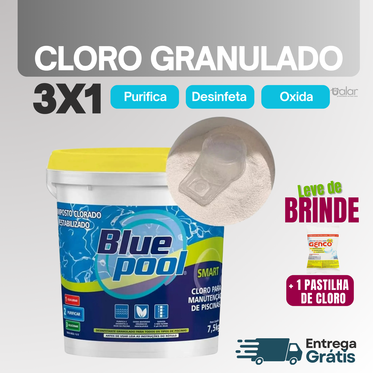 Cloro Granulado Estabilizado Balde 7,5kg Multiação 3x1 Smart BluePool + BRINDE