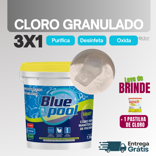 Cloro Granulado Estabilizado Balde 7,5kg Multiação 3x1 Smart BluePool + BRINDE