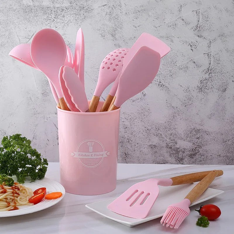 Kit C/12 Utensílios de Silicone + Copo Suporte + Brinde Multiprocessador