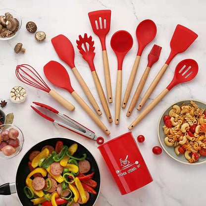 Kit C/12 Utensílios de Silicone + Copo Suporte + Brinde Multiprocessador