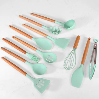 Kit C/12 Utensílios de Silicone + Copo Suporte + Brinde Multiprocessador