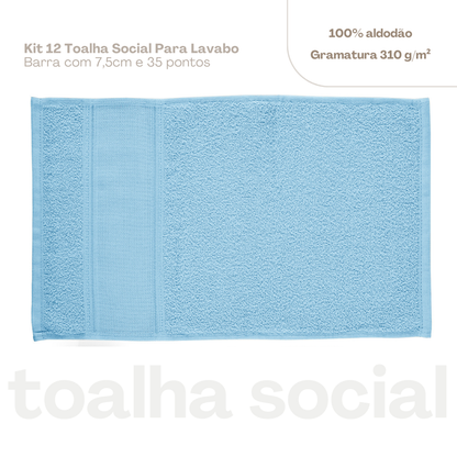 Kit 12 toalhas de lavabo social Azul Clarinho gramatura 310 g/m²