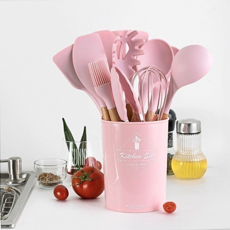 Kit C/12 Utensílios de Silicone + Copo Suporte + Brinde Multiprocessador