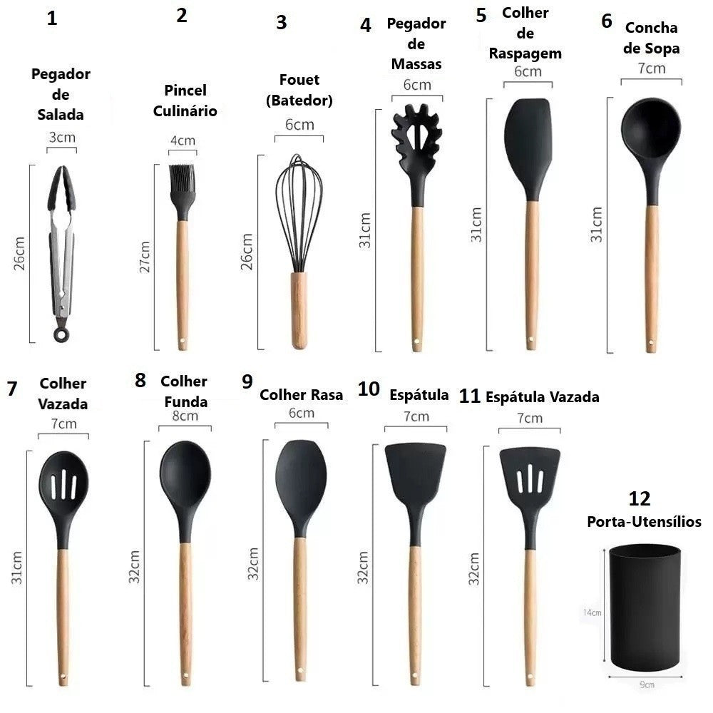 Kit C/12 Utensílios de Silicone + Copo Suporte + Brinde Multiprocessador