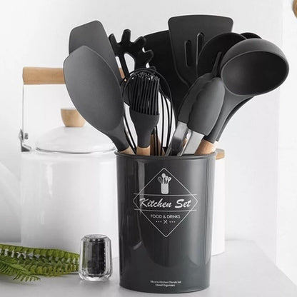 Kit C/12 Utensílios de Silicone + Copo Suporte + Brinde Multiprocessador